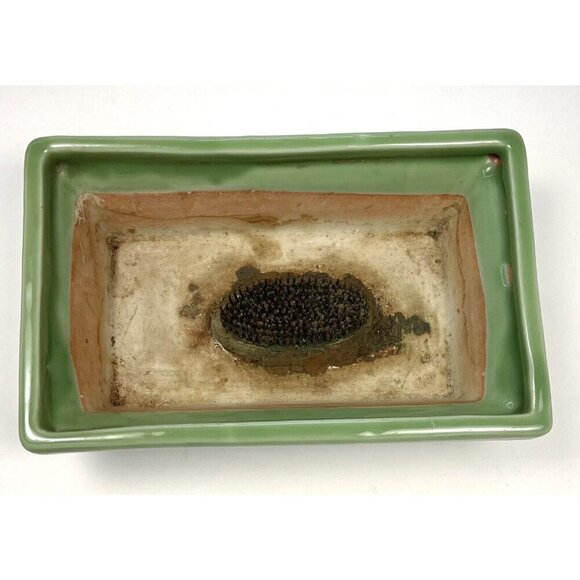 VTG 9.5" x 6"x 3" Green Glazed Terra Cotta Planter Pot w/ Flower Frog Kenzan - Picture 2 of 7